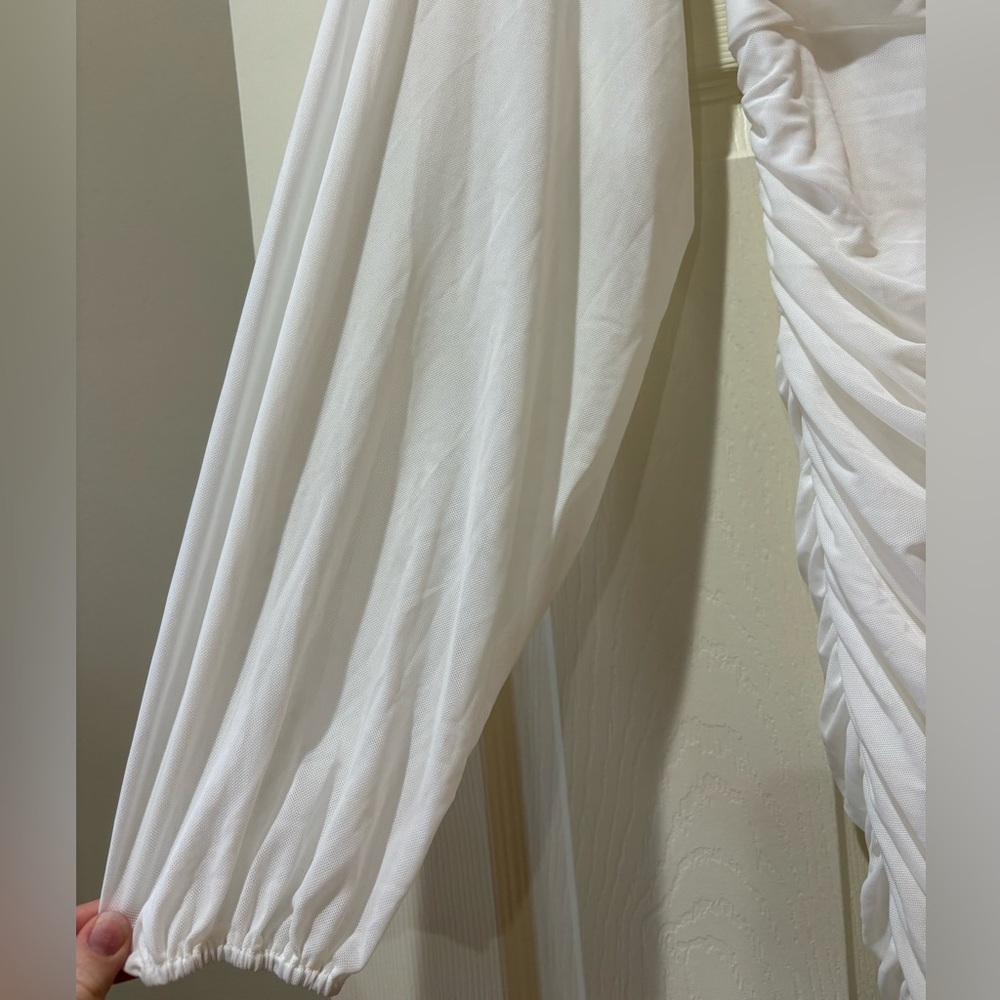 Lulus Flirty Force White Mesh Ruched Balloon Sleeve Mini Dress - Picture 8 of 11